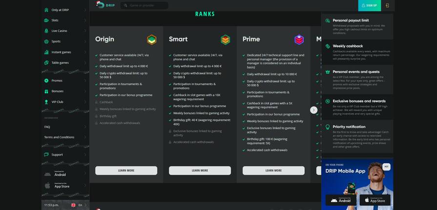Онлайн казино Drip уровни лояльности