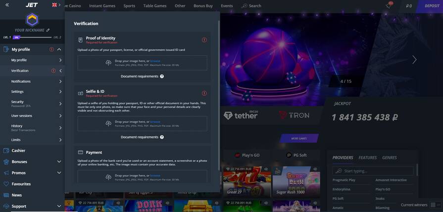 Онлайн казино Jet верификация