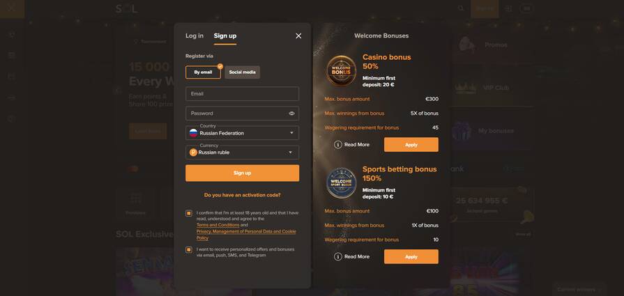 Онлайн казино Sol регистрация