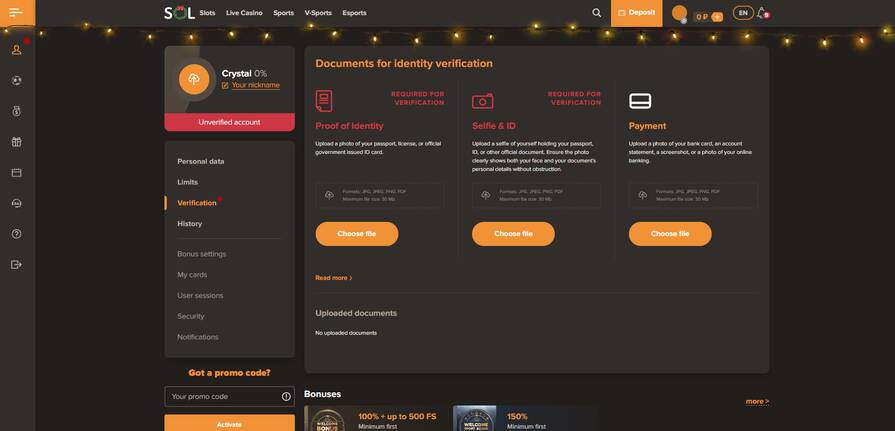 Онлайн казино Sol верификация