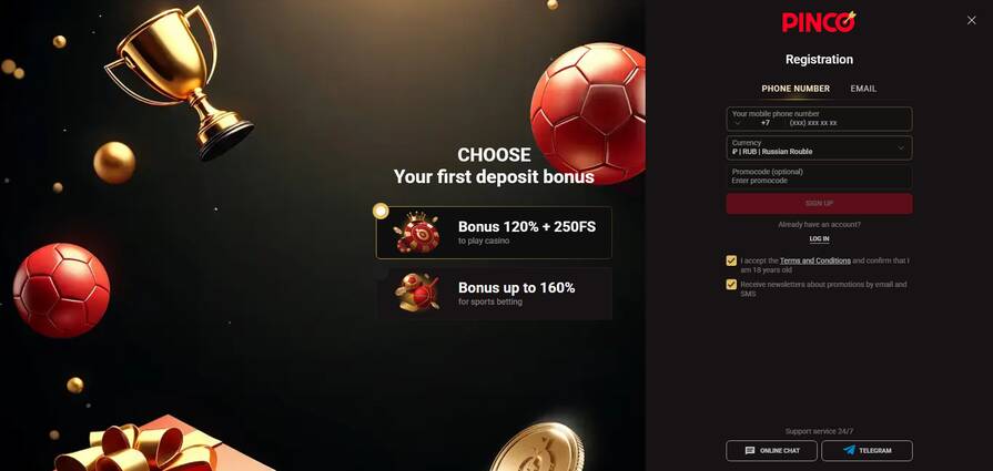 Регистрация на сайте казино Pinco