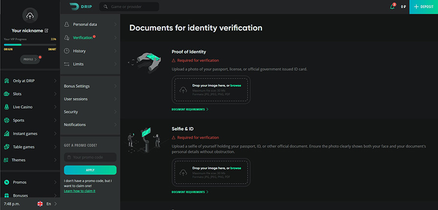 верификация аккаунта drip