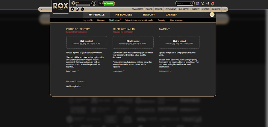 верификация в rox casino