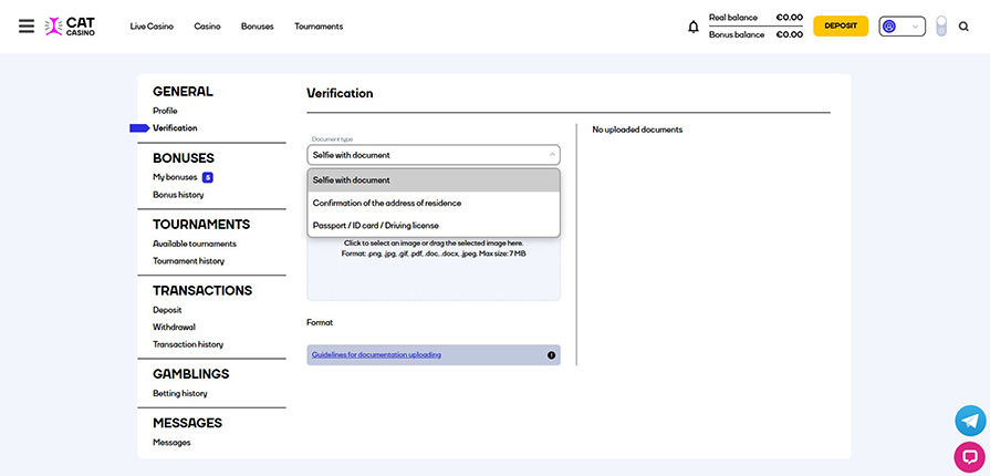 верификация в cat casino
