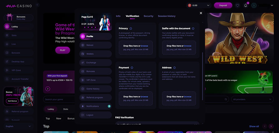 верификация auf casino