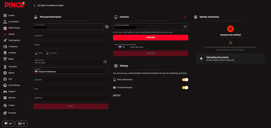 верификация pinco casino