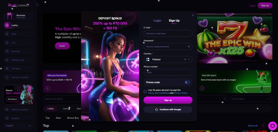 Регистрация в казино Auf