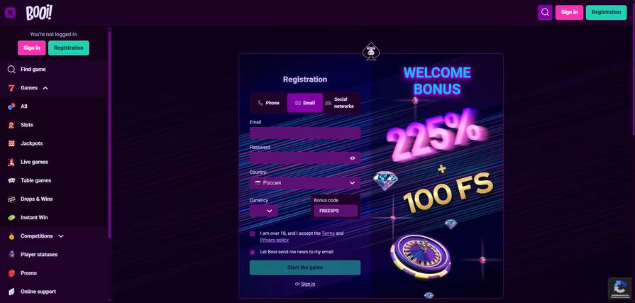Регистрация в казино Booi