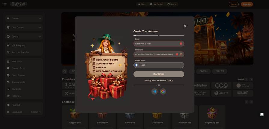 Как создать аккаунт в Joycasino