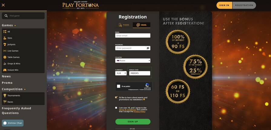 Создание аккаунта через Email в казино Play Fortuna