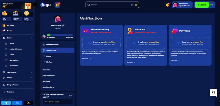 Верификация на сайте казино Fugu