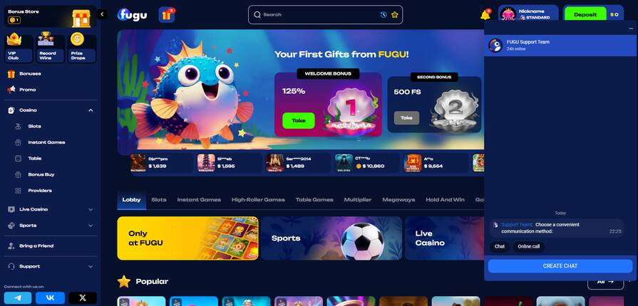 Поддержка на сайте казино Fugu