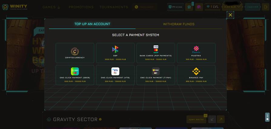 Платежки в онлайн казино Winity