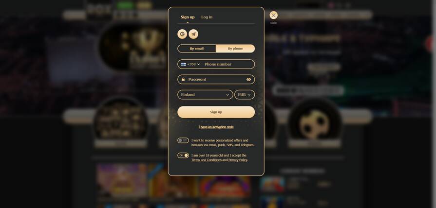 Создание аккаунта через Email в казино Rox