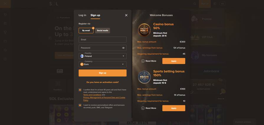 Регистрация в казино Sol