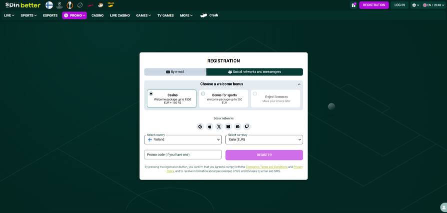 Создание аккаунта через социальные сети в казино SpinBetter