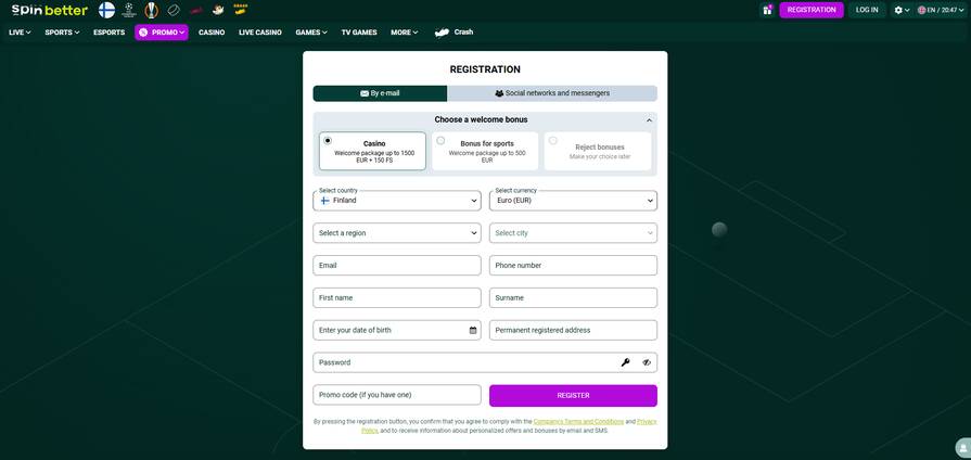 Создание аккаунта через Email в казино SpinBetter