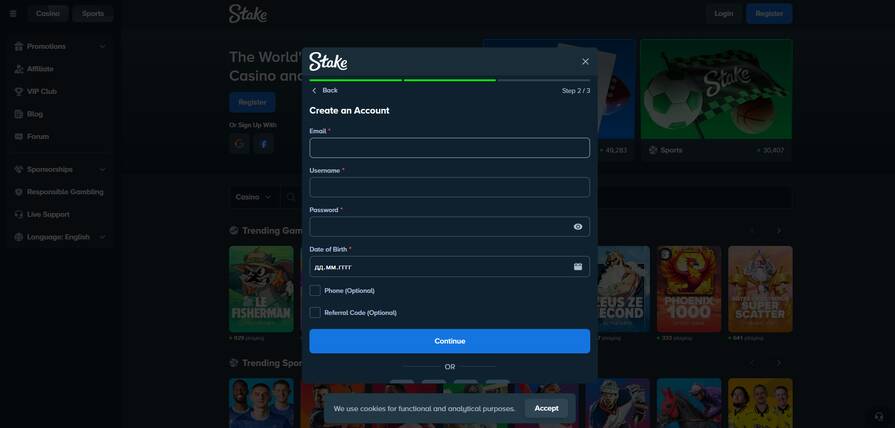 Регистрация в казино Stake