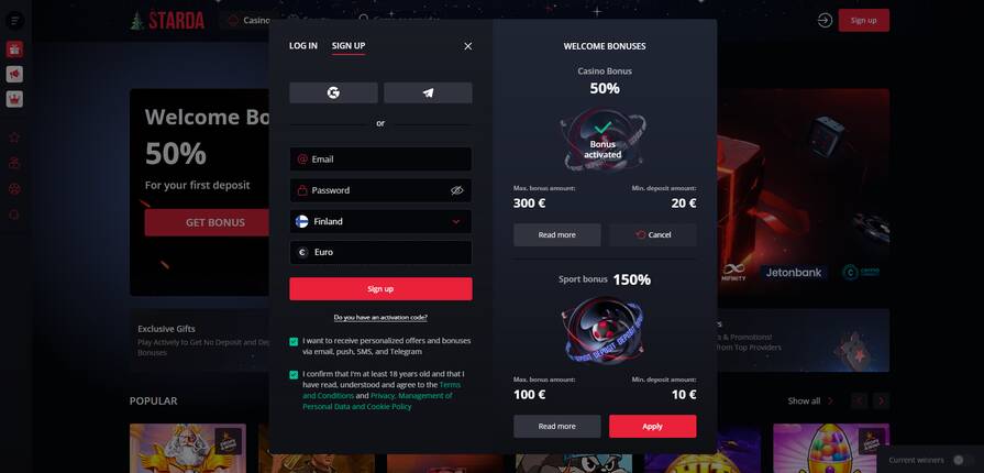 Регистрация в казино Starda