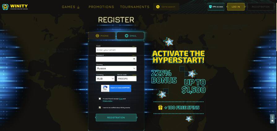 Регистрация в казино Winity