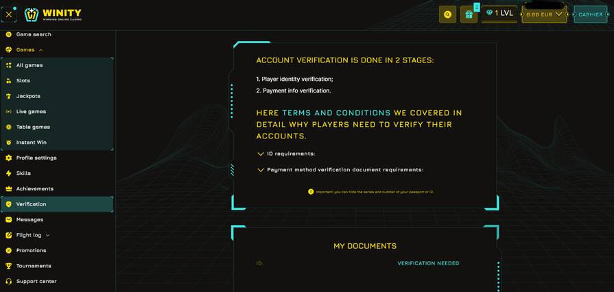 Что нужно верифицировать для вывода денег в казино Winity