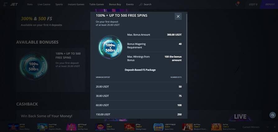 Приветственный бонус в Jet